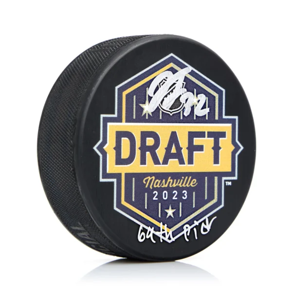 Jacob Fowler Autographed 2023 NHL Entry Draft Puck with 69th Pick Inscription